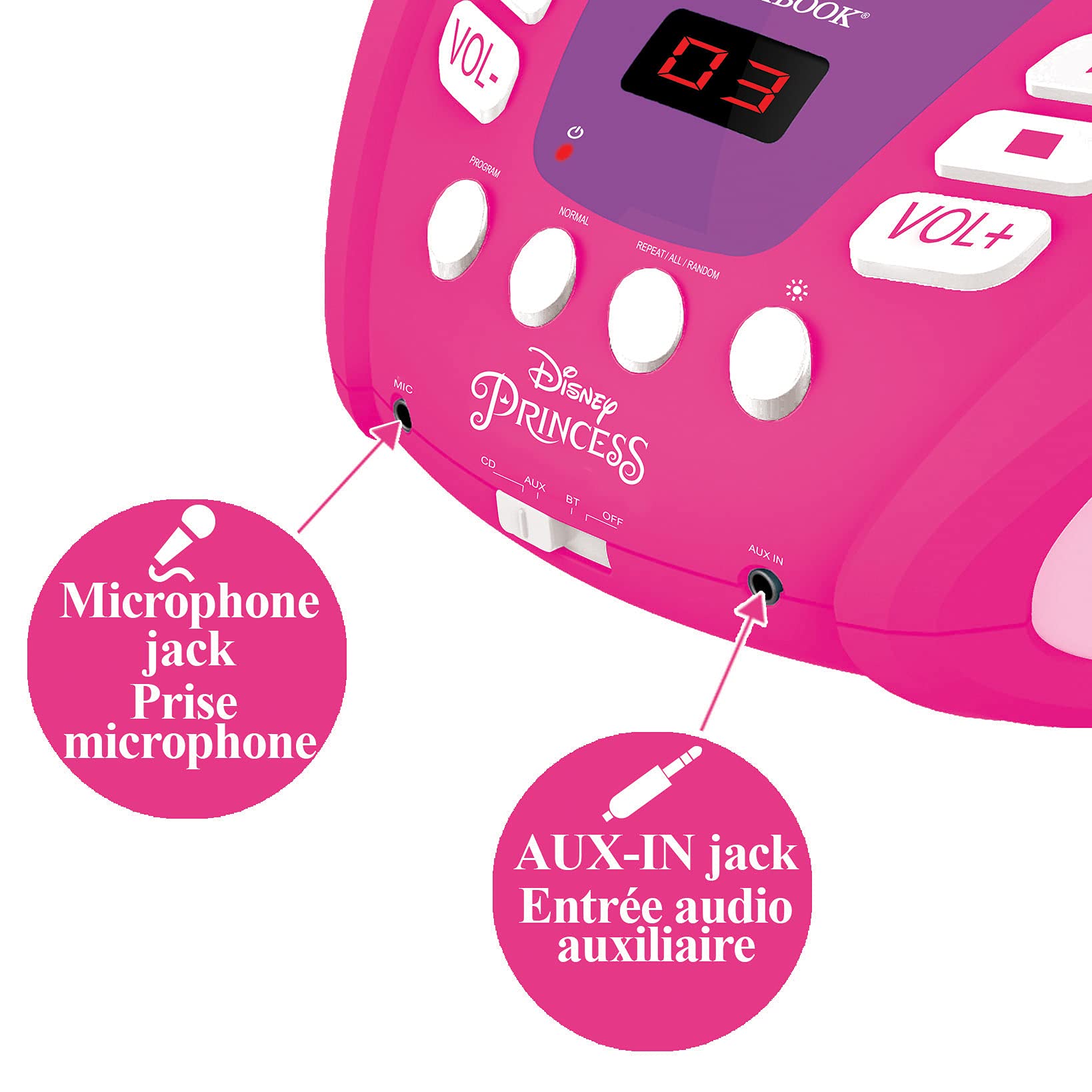 LEXiBOOK - Disney Princess - Bluetooth CD Player for Kids – Portable, Multicoloured Light Effects, Microphone Jack, Aux-in Jack, AC or Battery-Operated, RCD109DP - Image 3