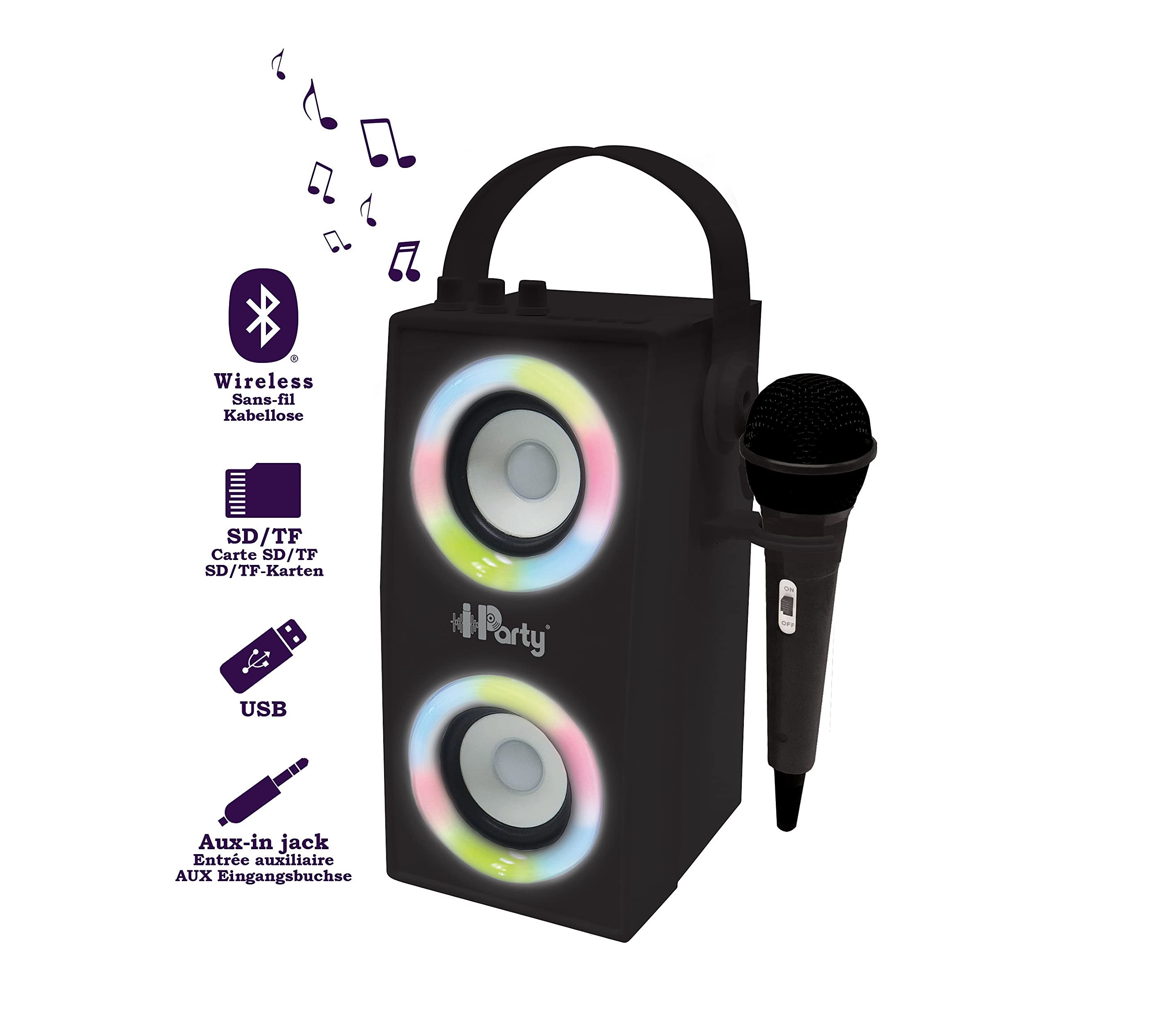 Lexibook iParty - Portable Bluetooth Light Speaker with Microphone, Light Effects, Karaoke, Wireless, USB, SD Card, Rechargeable Battery, Black, BTP180BKZ - Image 3